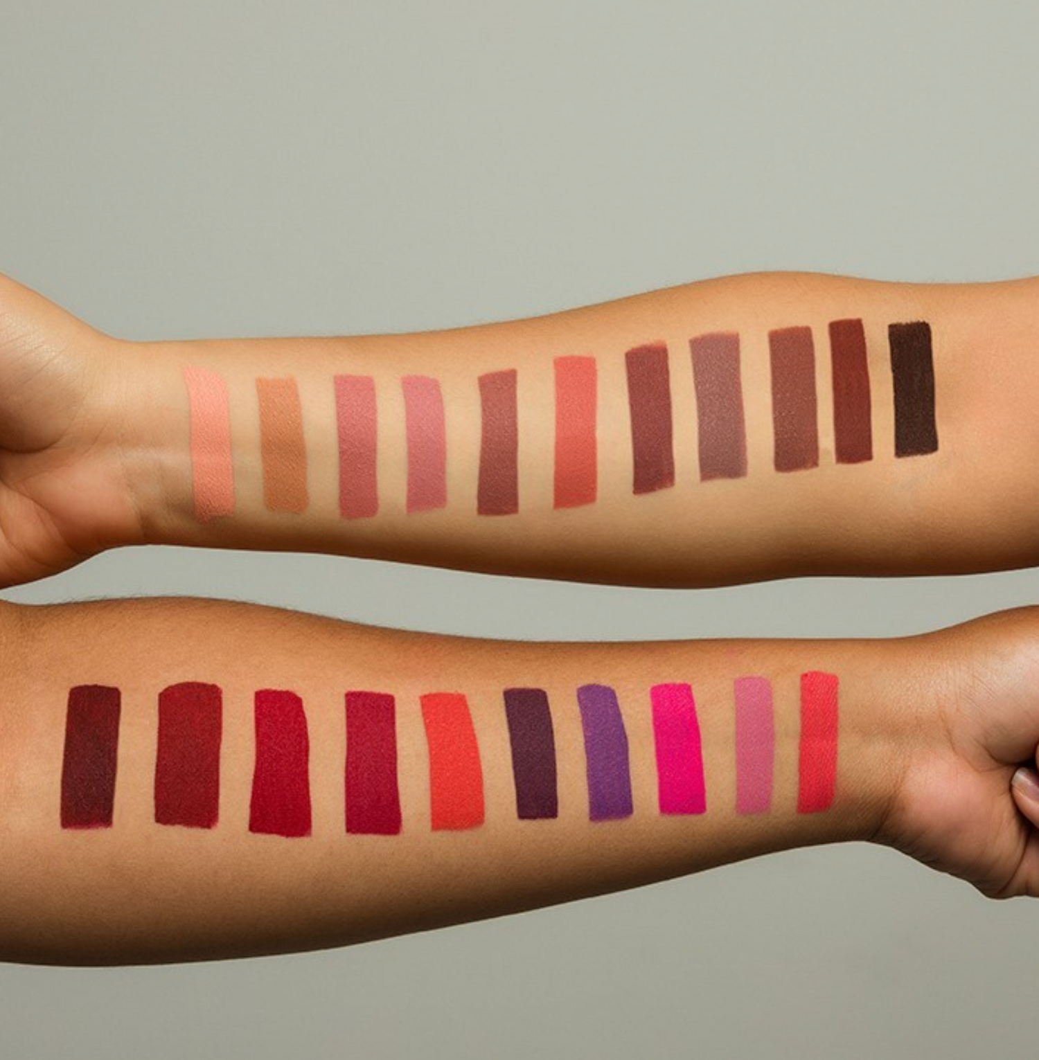 SOOO GOOD Lip Paint line of 21 shades swatched on skin