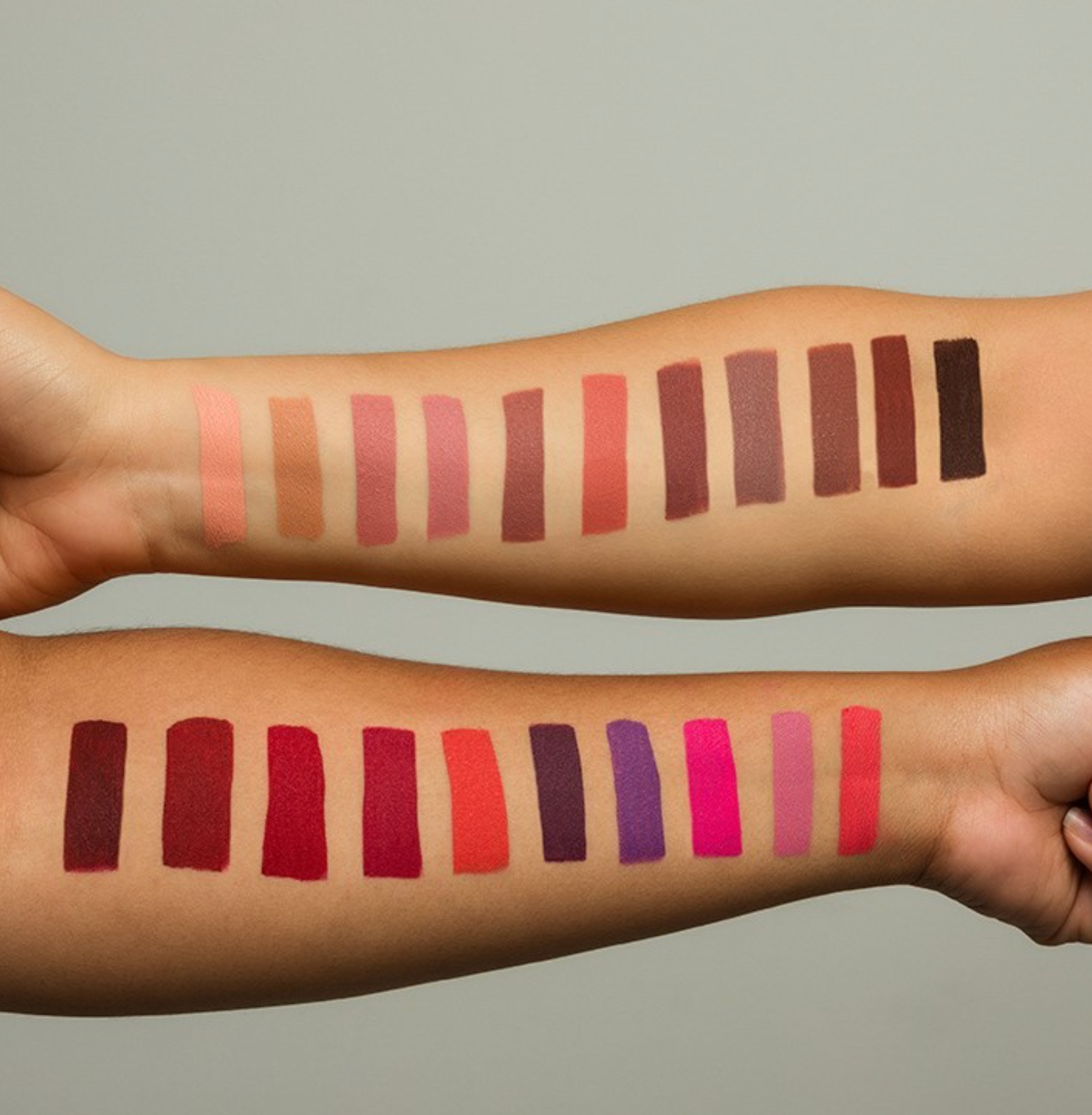 SOOO GOOD Lip Paint line of 21 shades swatched on skin